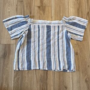 Reitmans Blue, Red and White Striped Off-Shoulder Blouse
